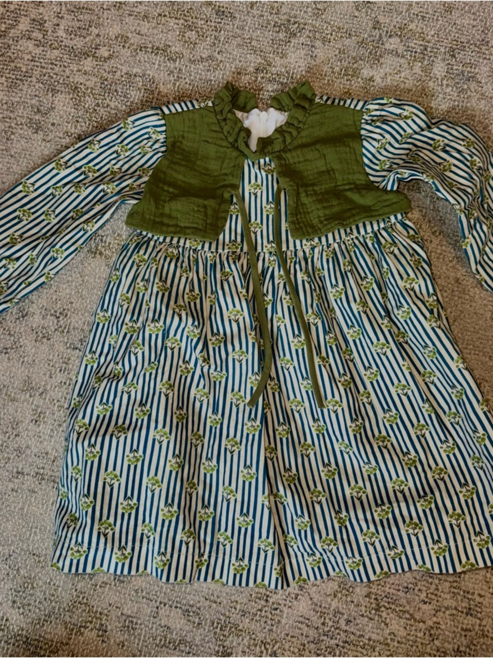 Olive Green & Blue Striped Floral Girls' Dress with Ruffled Bodice- Birinit